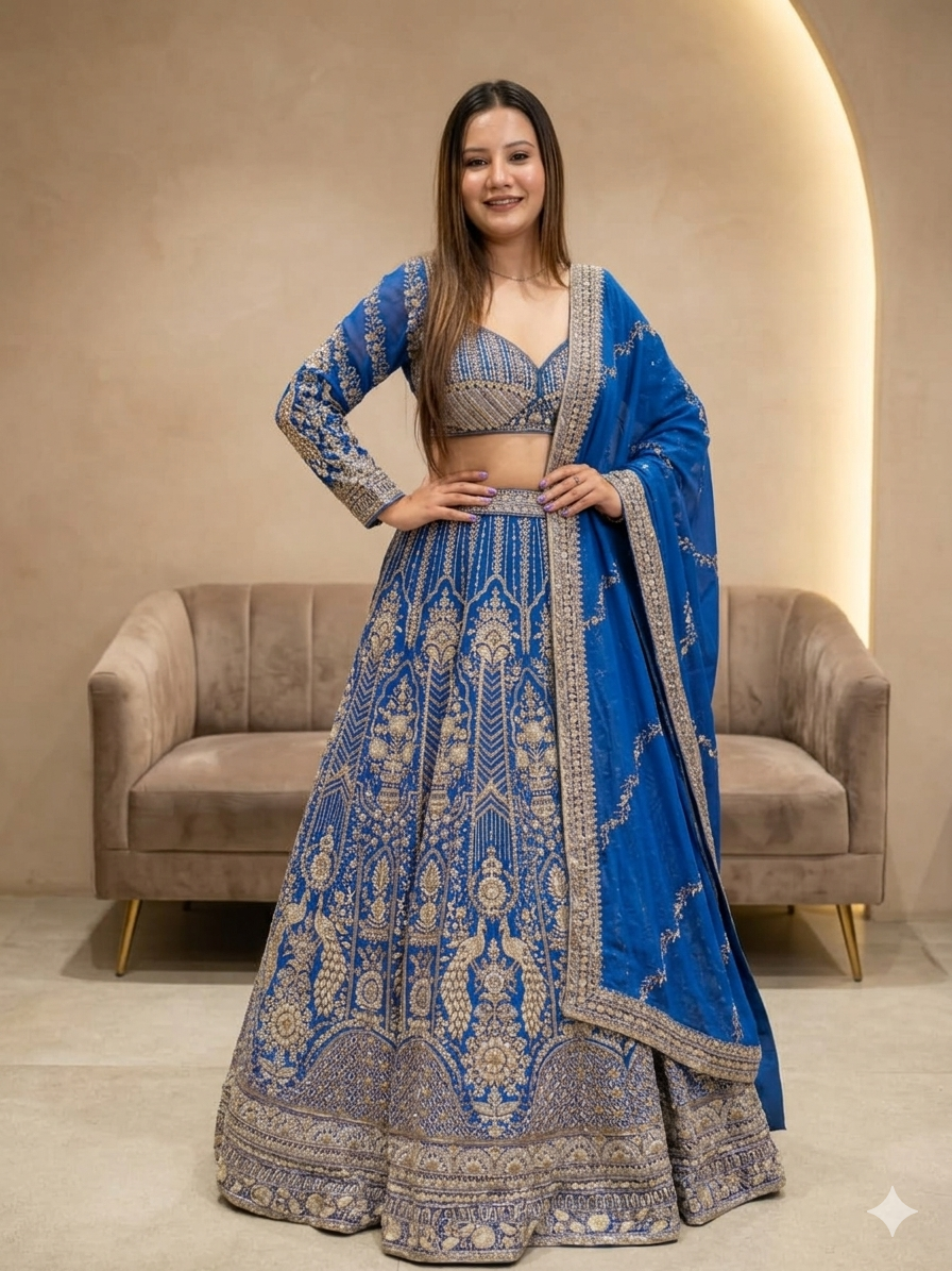 Royal blue embroidered Lengha choli