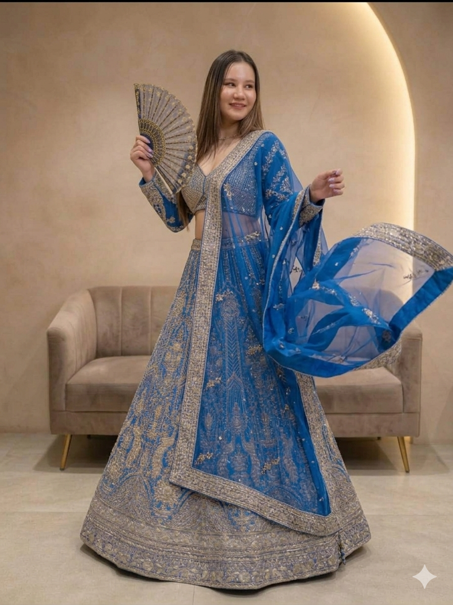 Royal blue embroidered Lengha choli