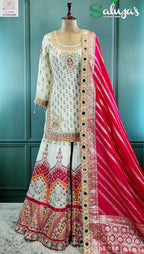 Stunning White & Magenta Sharara Suit with Contrast Detailing