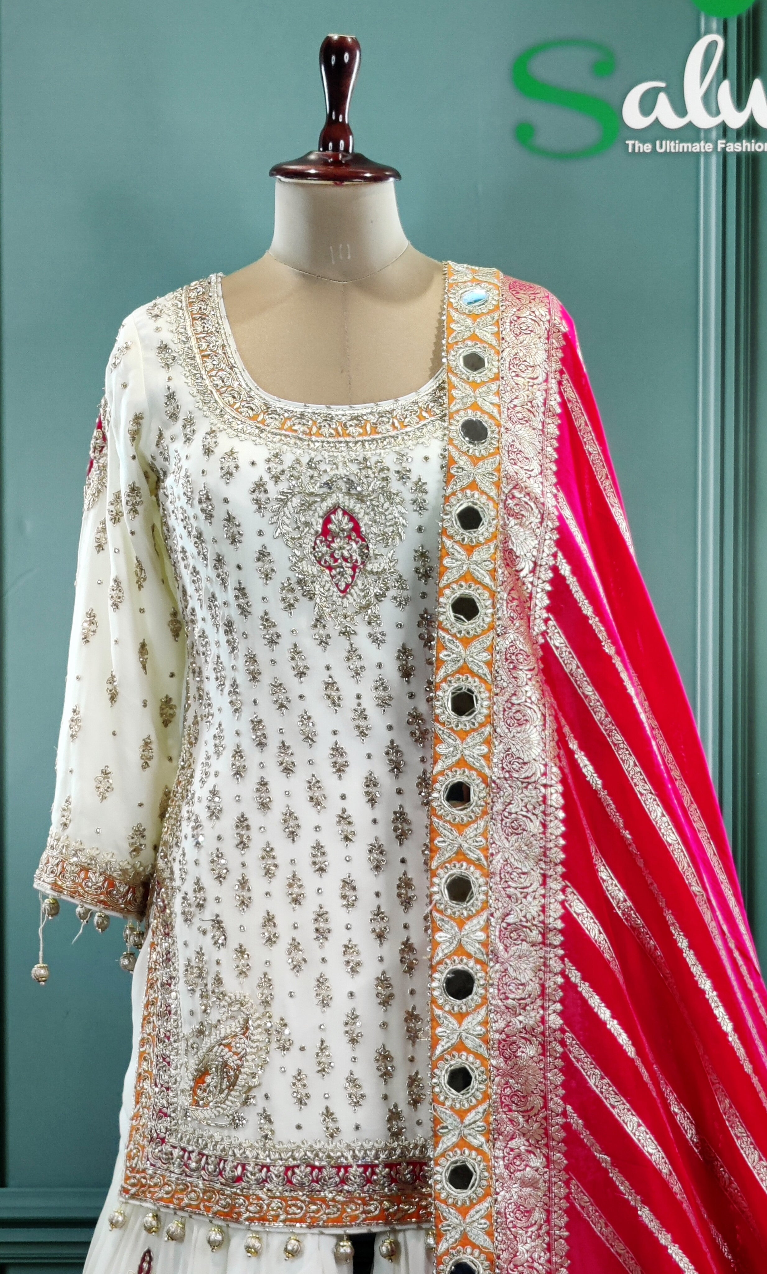 Stunning White & Magenta Sharara Suit with Contrast Detailing