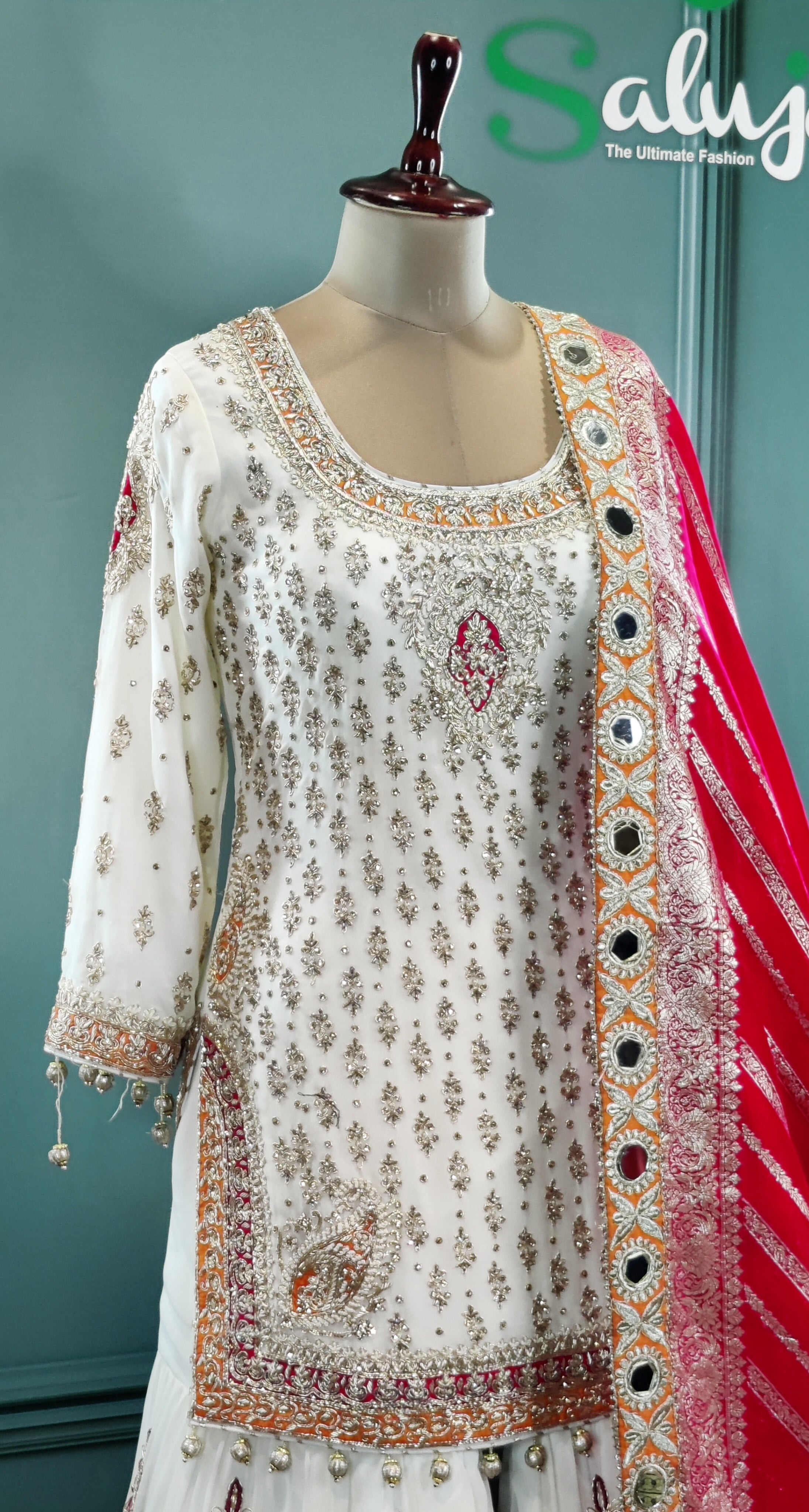 Stunning White & Magenta Sharara Suit with Contrast Detailing