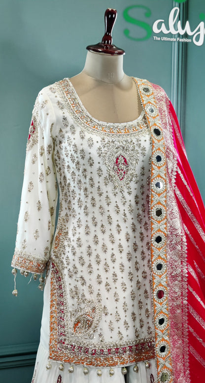 Stunning White & Magenta Sharara Suit with Contrast Detailing