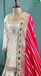 Stunning White & Magenta Sharara Suit with Contrast Detailing