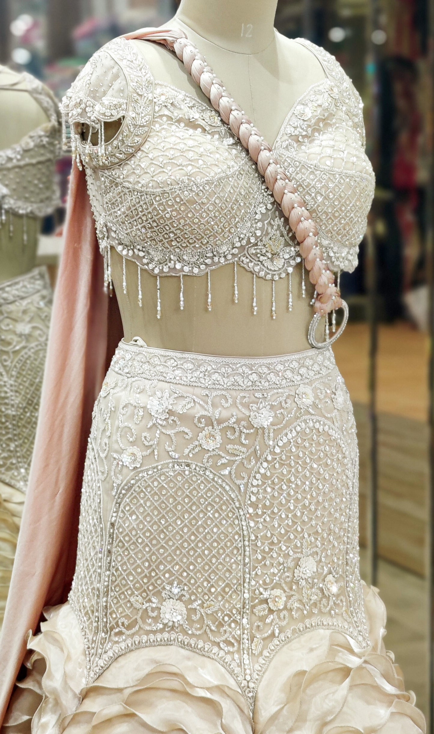 Blush Curve Peach Pink Fish Cut Lehenga Choli