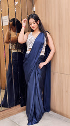 Sophisticated Navy Blue & Gray Draped Saree – Timeless Elegance