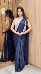 Sophisticated Navy Blue & Gray Draped Saree – Timeless Elegance
