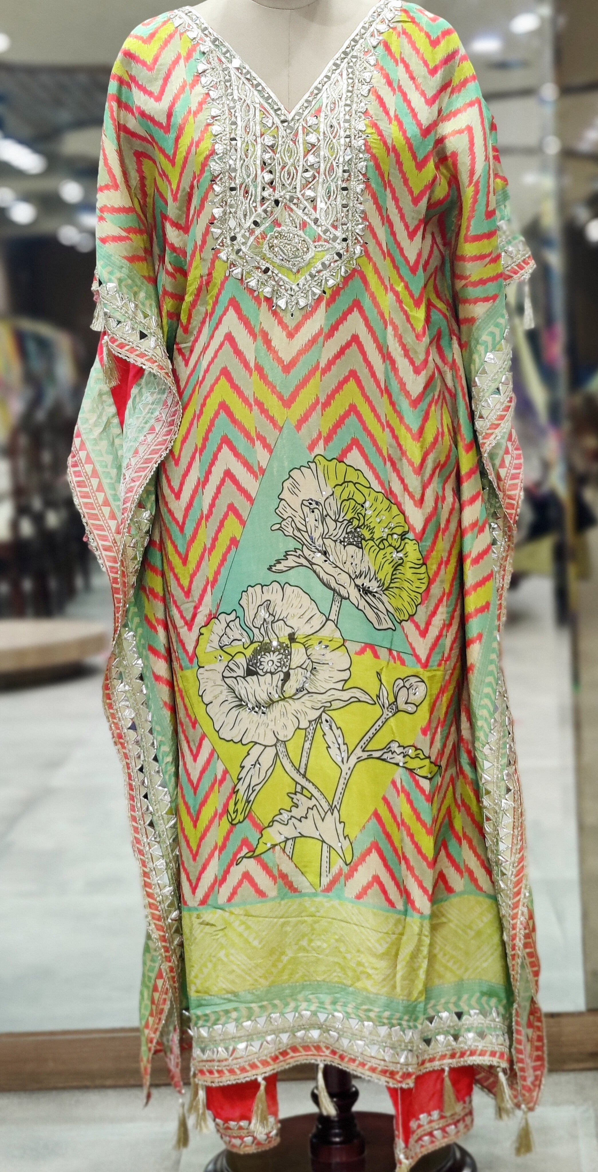 Yellow &amp; Green Striped Kaftan Suit – Fresh, Vibrant, and Chic