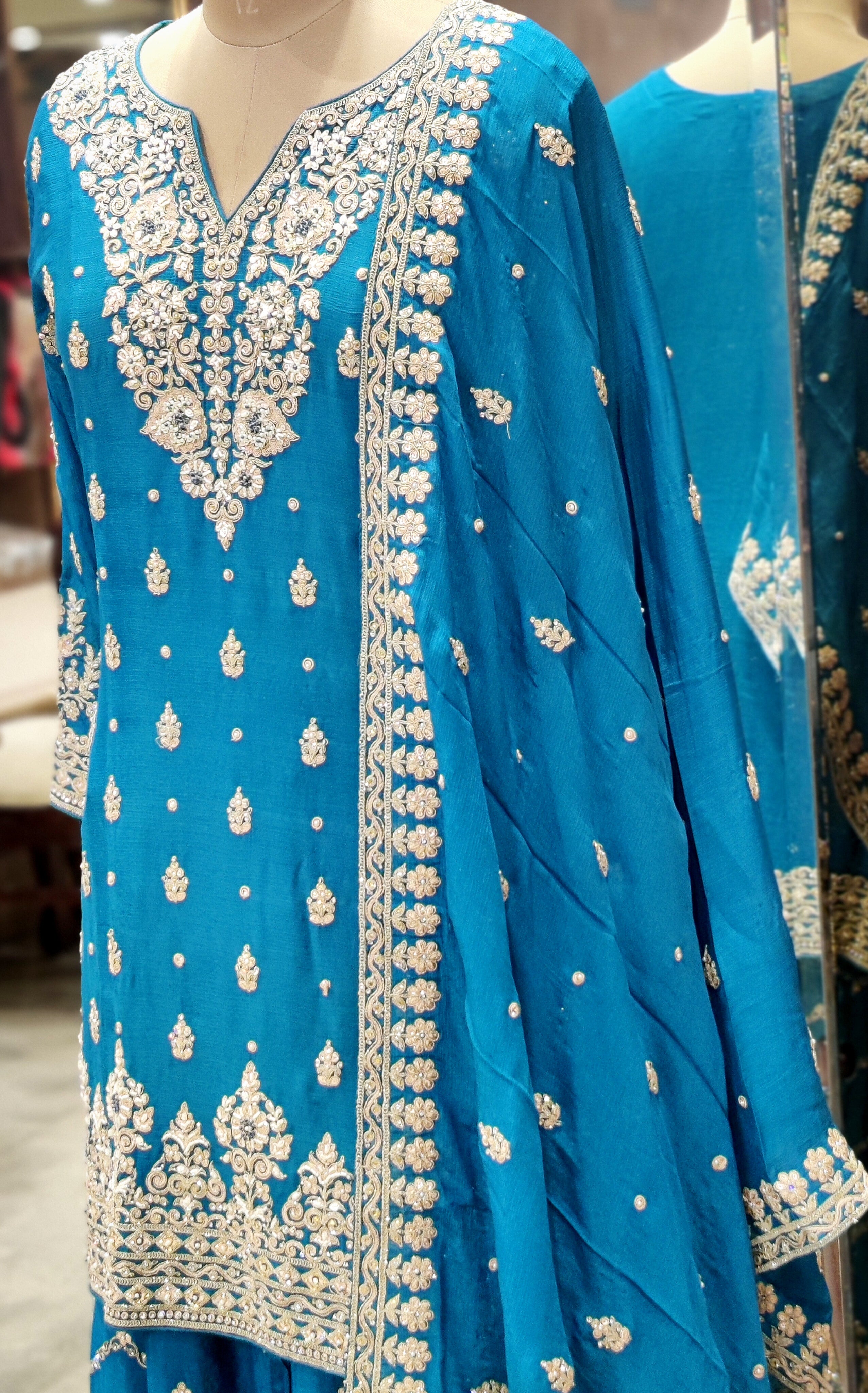 Deep Ferozi Sharara Suit – Fresh Elegance with a Regal Touch