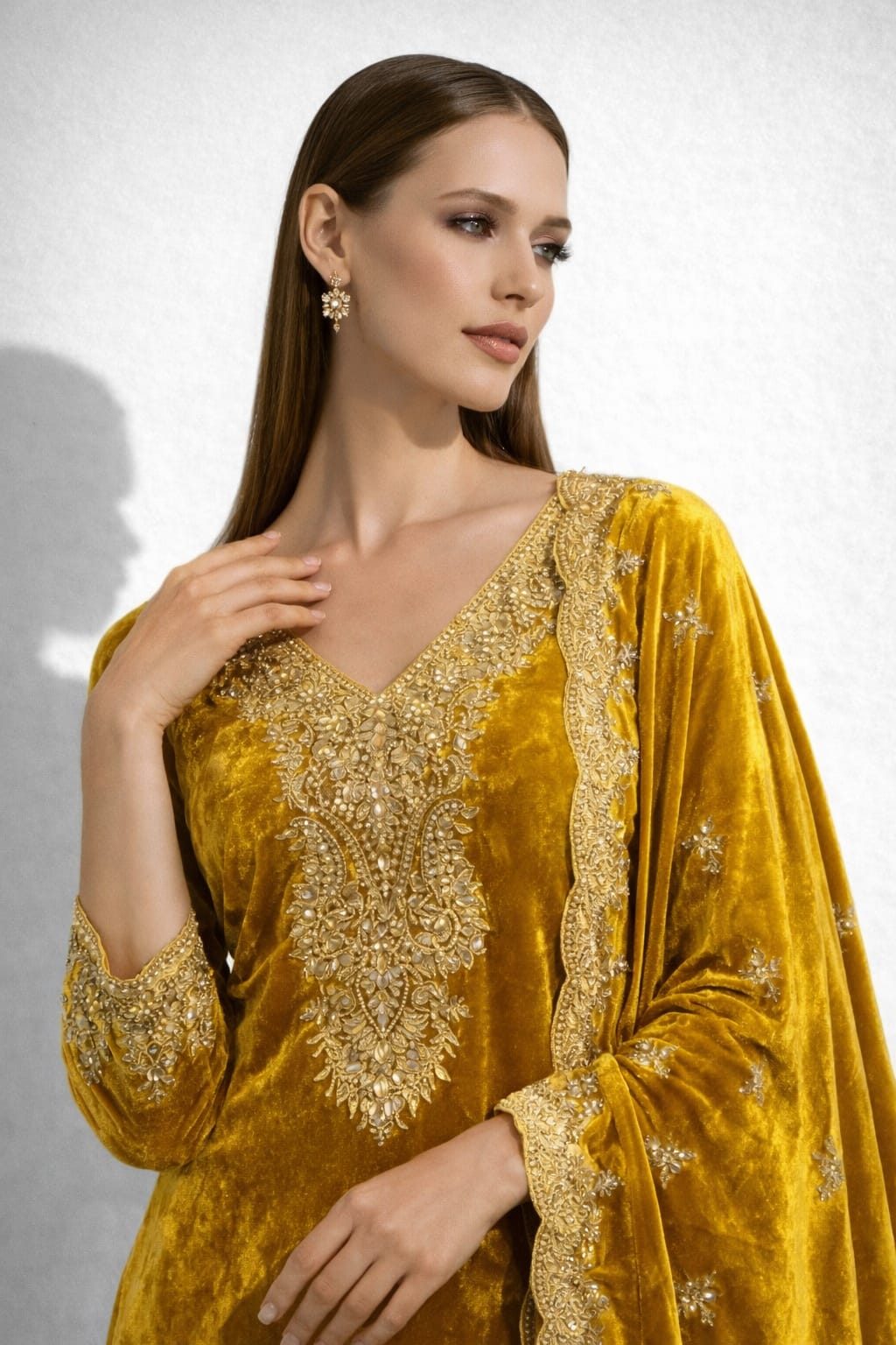 Royal Glow Yellow Velvet Ensemble – Saluja Store