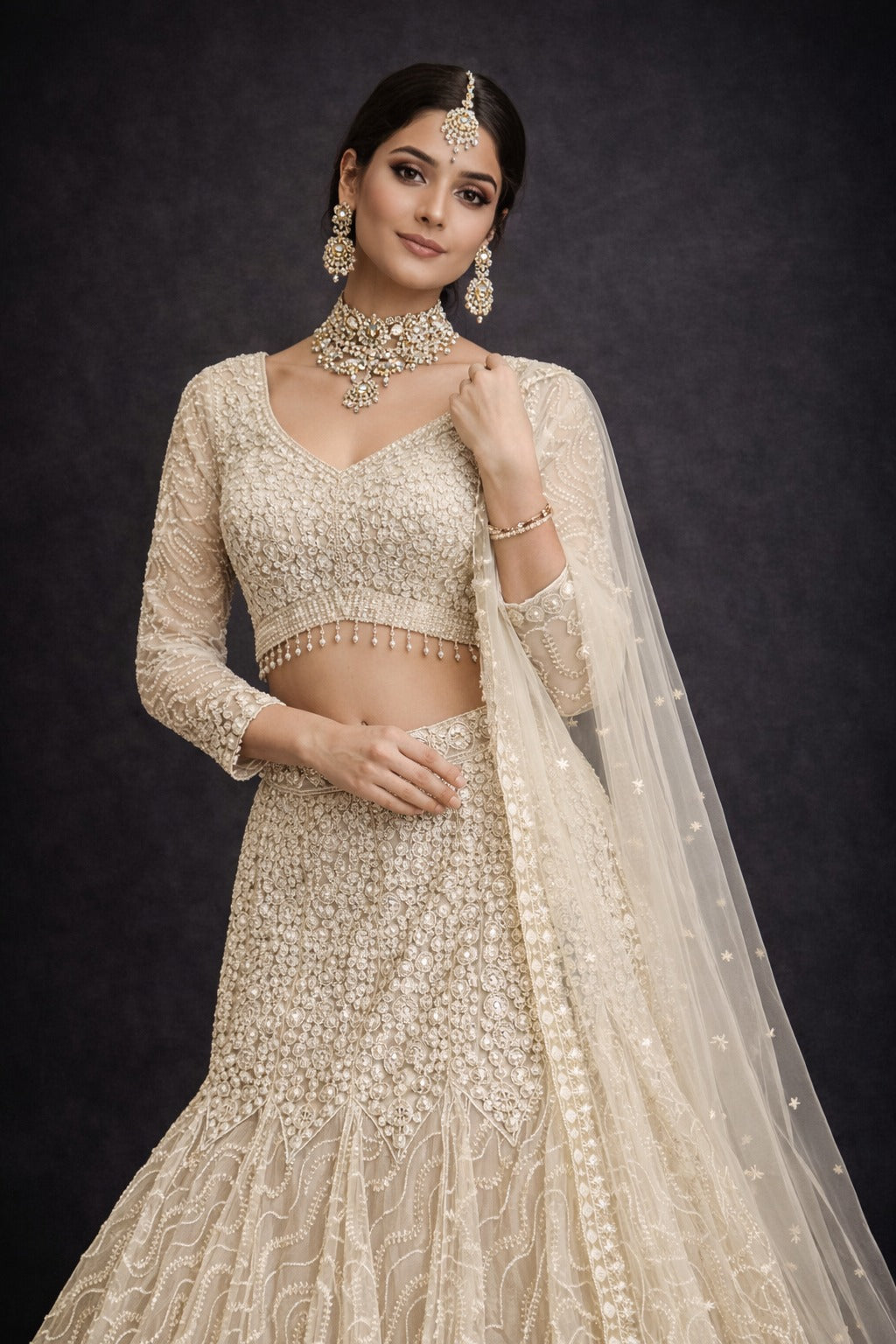 Elegant Off-White Embroidered Fishcut Style – Saluja Store