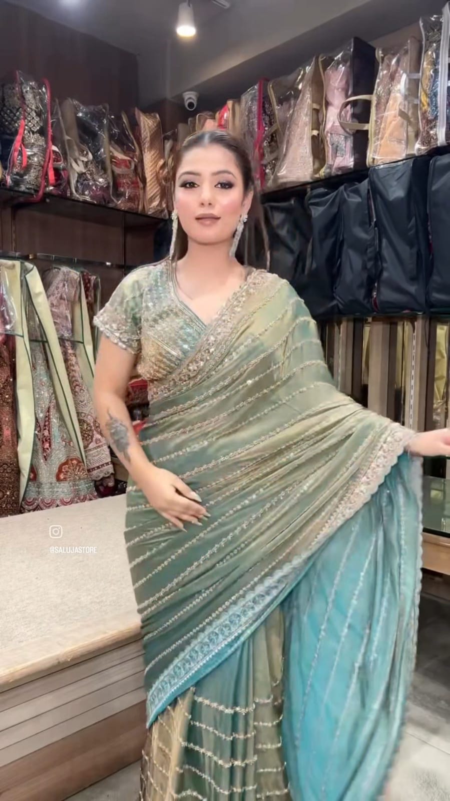 Sea Mist Couture Draped Saree – Saluja Store