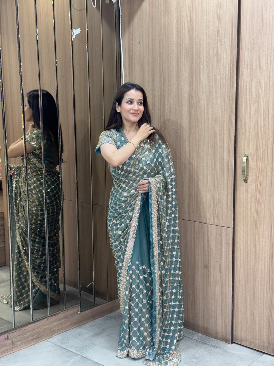 Emerald Veil Designer Net Saree – Saluja Store