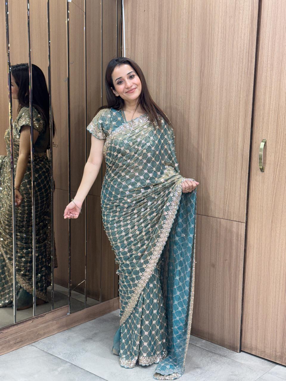 Emerald Veil Designer Net Saree – Saluja Store