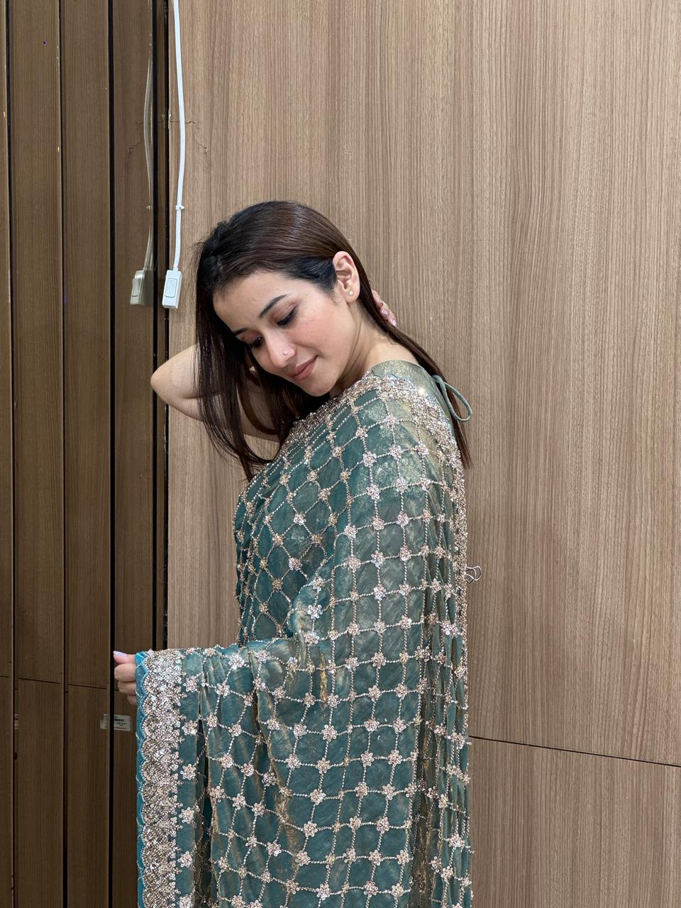 Emerald Veil Designer Net Saree – Saluja Store