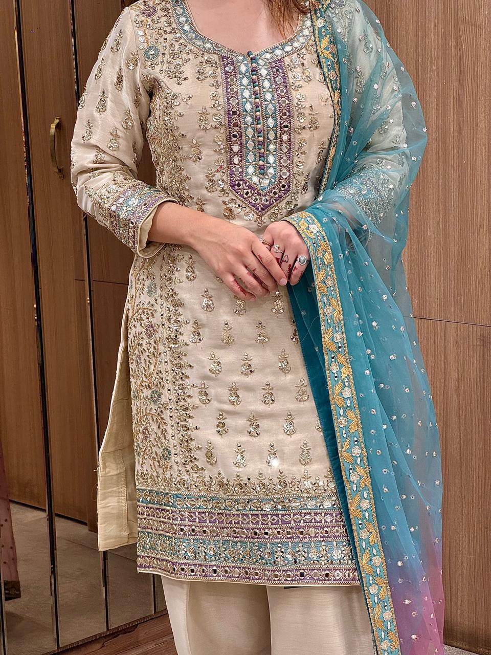 Ivory Aqua Designer Sharara Suit