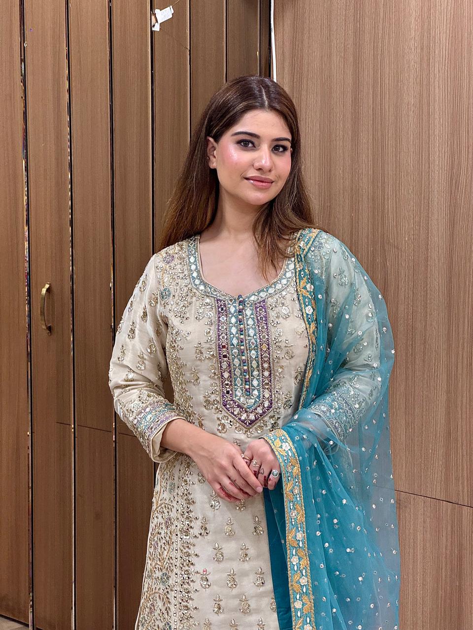 Ivory Aqua Designer Sharara Suit