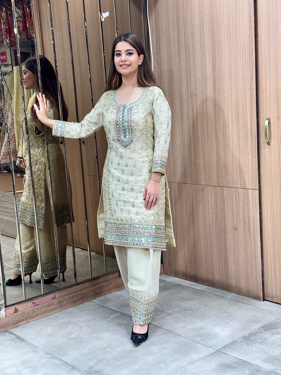 Ivory Aqua Designer Sharara Suit