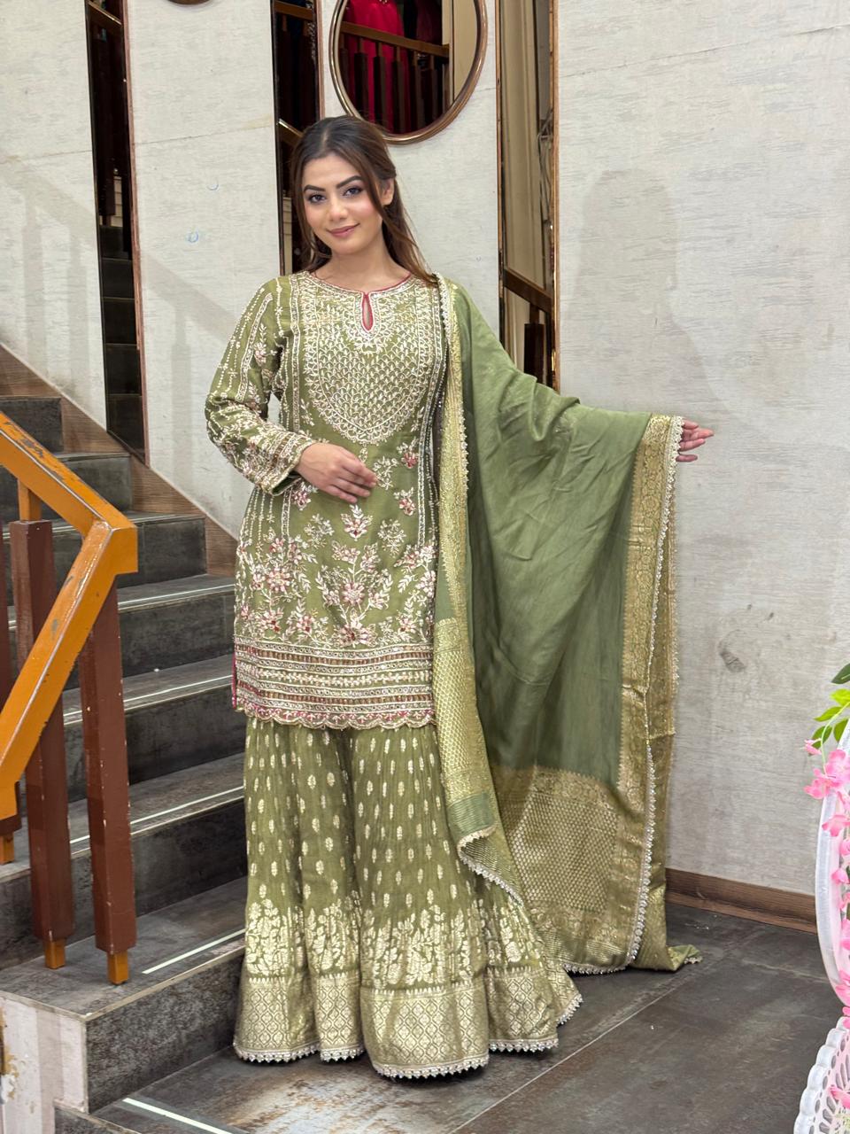 Olive Green Embroidered Sharara Suit