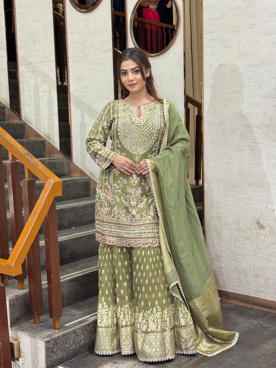 Olive Green Embroidered Sharara Suit