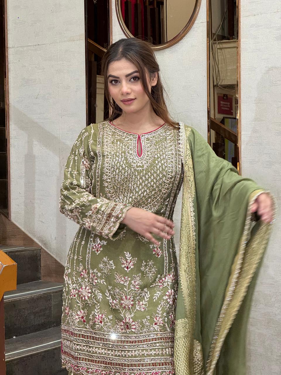 Olive Green Embroidered Sharara Suit