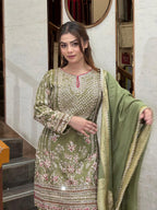 Olive Green Embroidered Sharara Suit