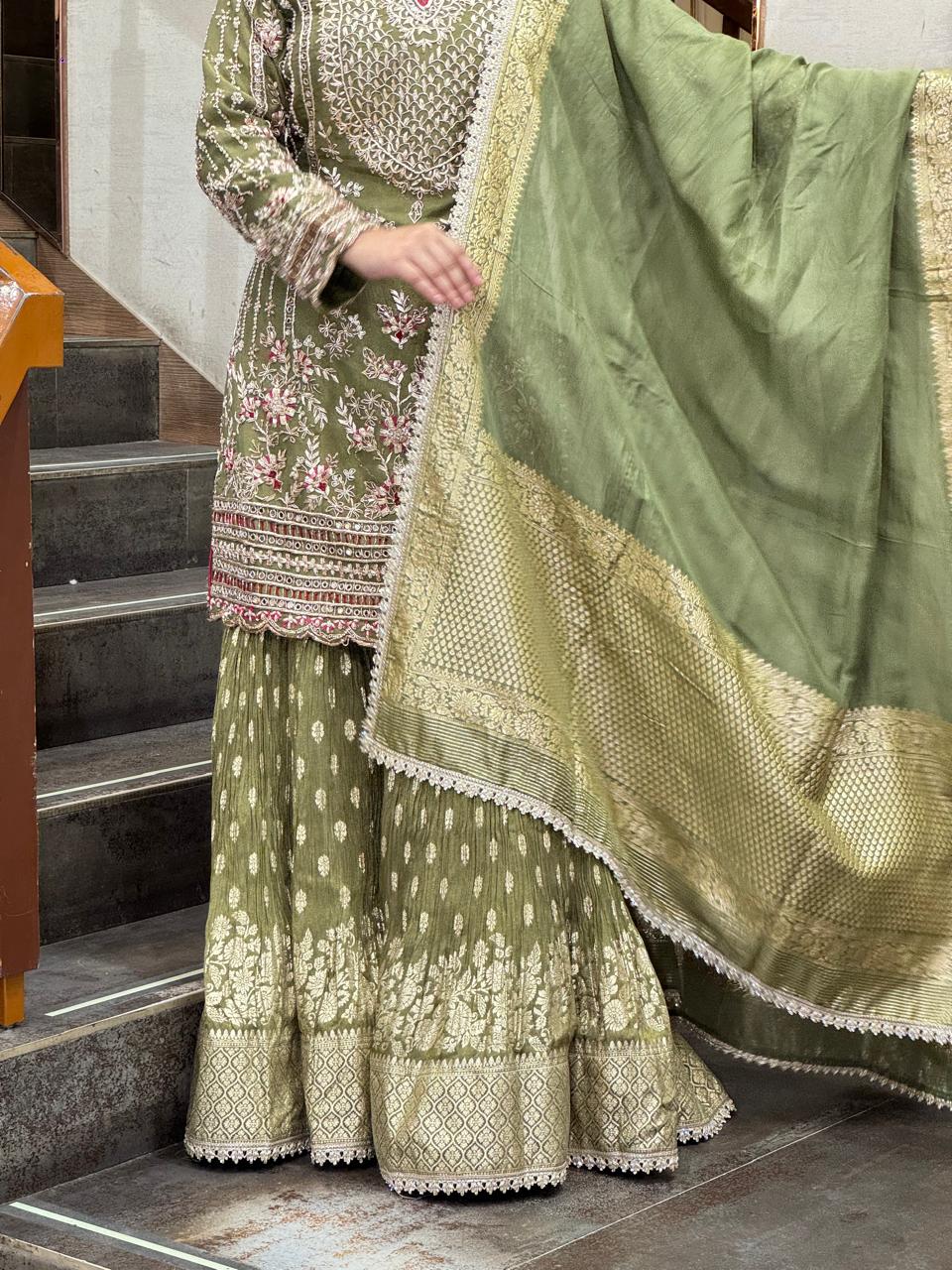 Olive Green Embroidered Sharara Suit