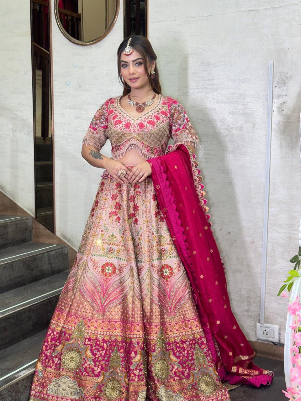 Rose Pink Floral Embroidered Bridal Lehenga