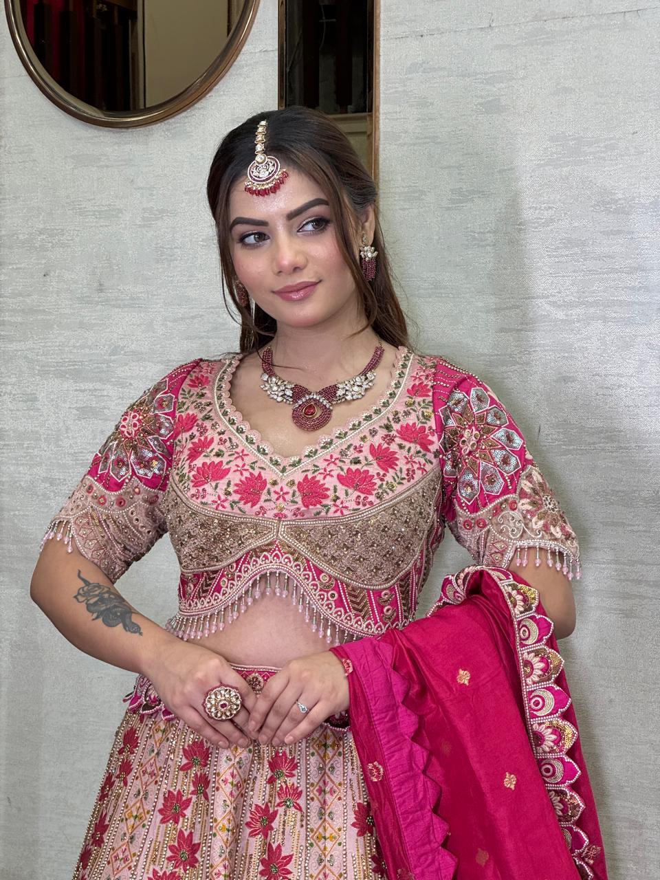 Rose Pink Floral Embroidered Bridal Lehenga