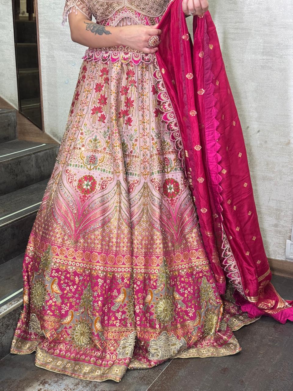 Rose Pink Floral Embroidered Bridal Lehenga