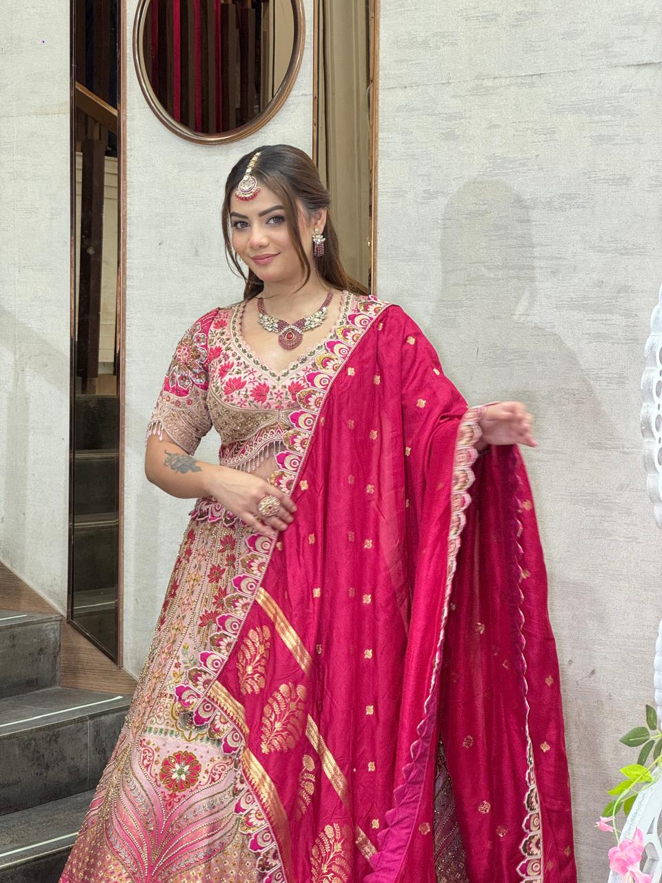 Rose Pink Floral Embroidered Bridal Lehenga