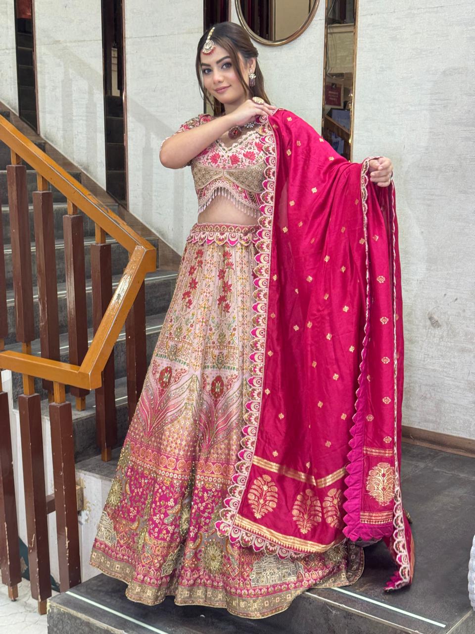 Rose Pink Floral Embroidered Bridal Lehenga