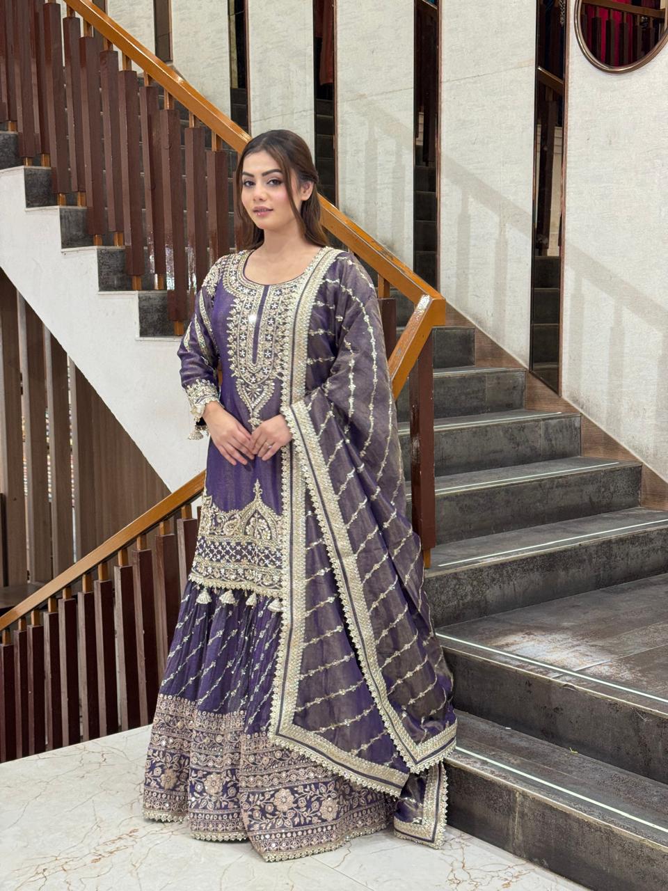 Royal Plum Embroidered Sharara Suit