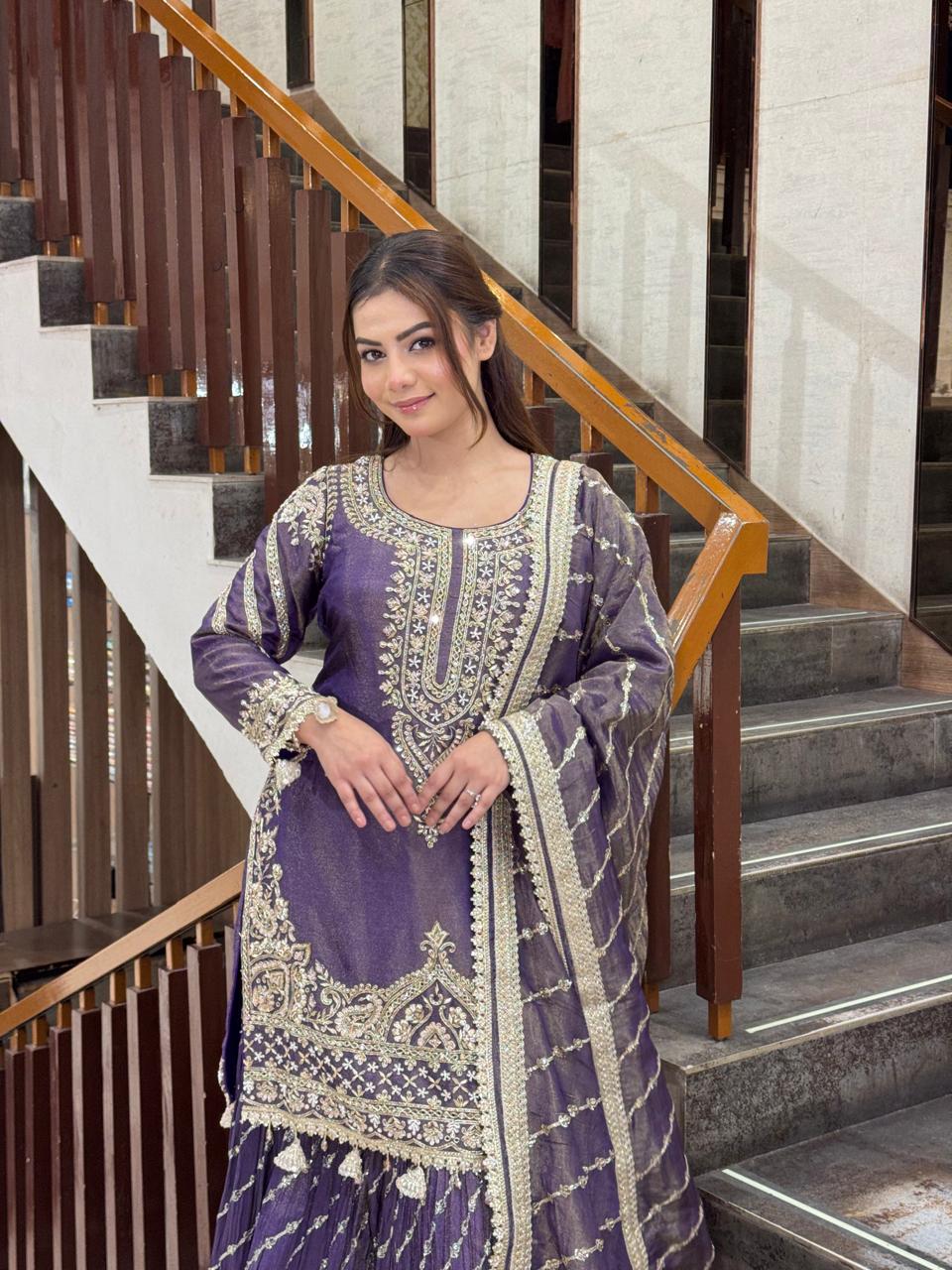 Royal Plum Embroidered Sharara Suit
