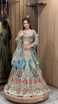 Aqua Blue Heritage Embroidered Bridal Lehenga