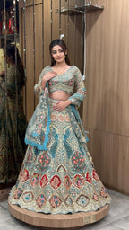 Aqua Blue Heritage Embroidered Bridal Lehenga