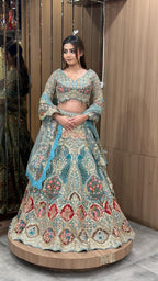 Aqua Blue Heritage Embroidered Bridal Lehenga