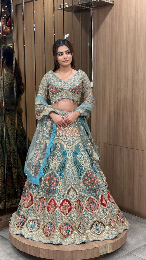 Aqua Blue Heritage Embroidered Bridal Lehenga
