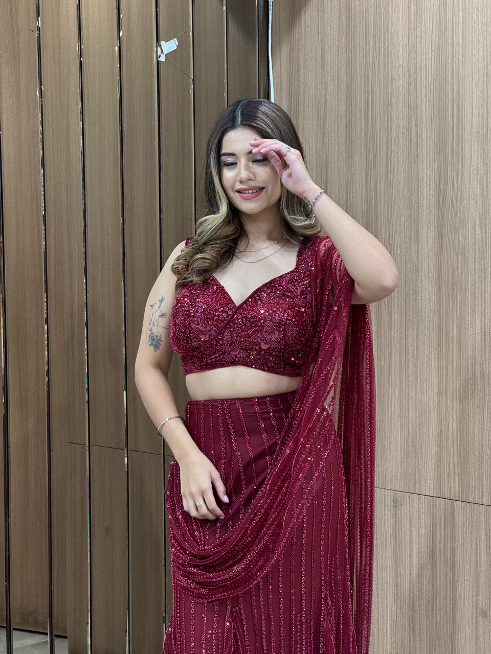 Burgundy Sequin Drape Saree