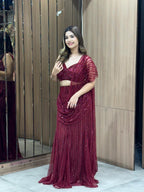 Burgundy Sequin Drape Saree