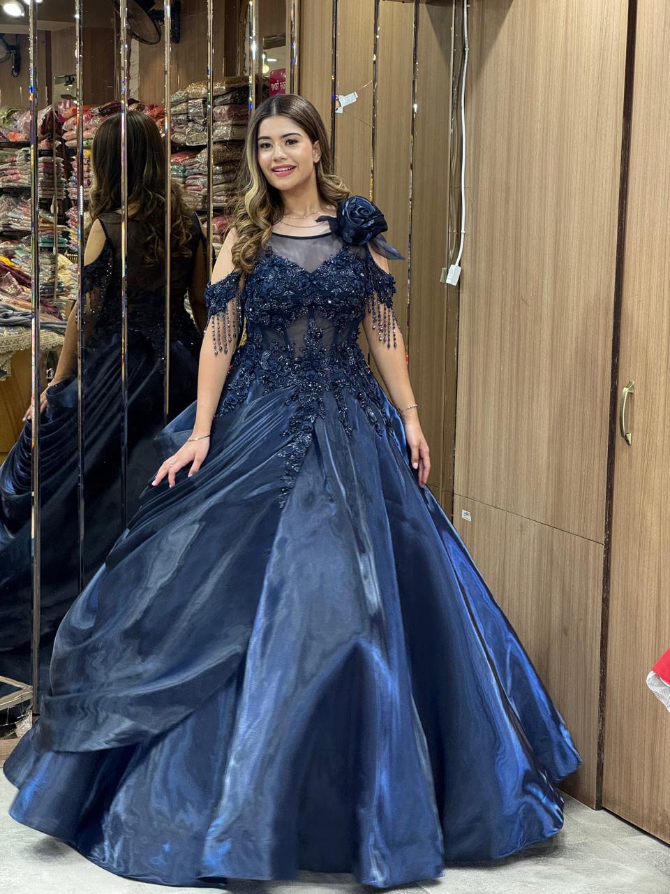 Blue Floral Embellished Ball Gown