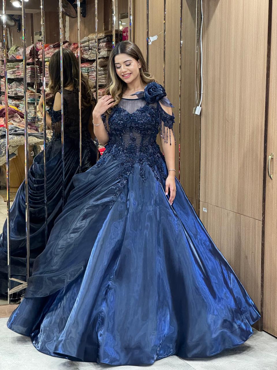 Blue Floral Embellished Ball Gown