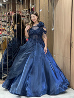 Blue Floral Embellished Ball Gown