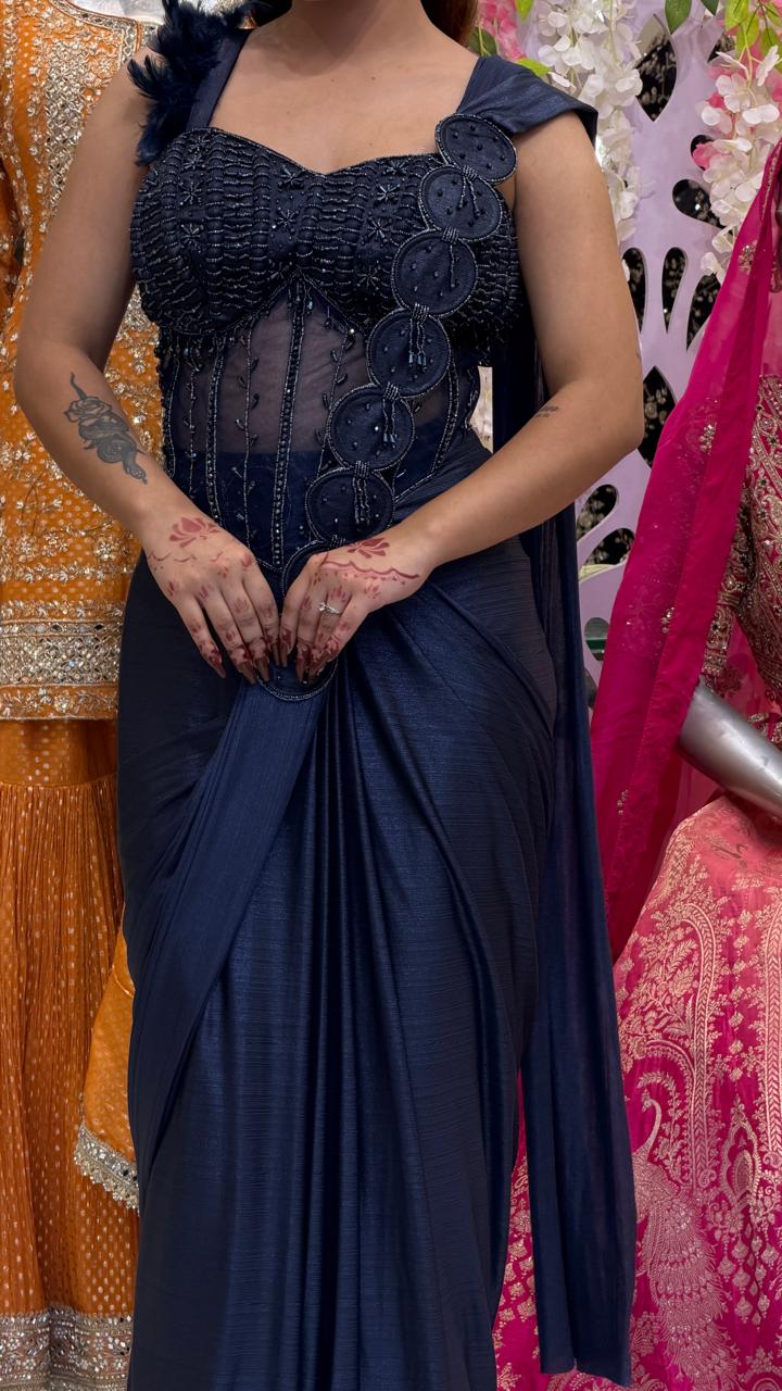 Midnight Navy Corset Drape Saree