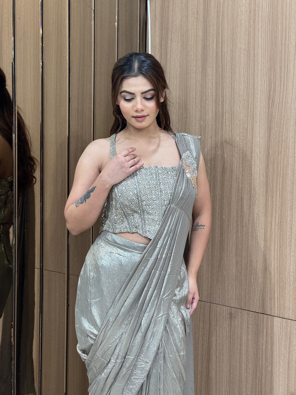 Silver Sage Pre-Draped Saree