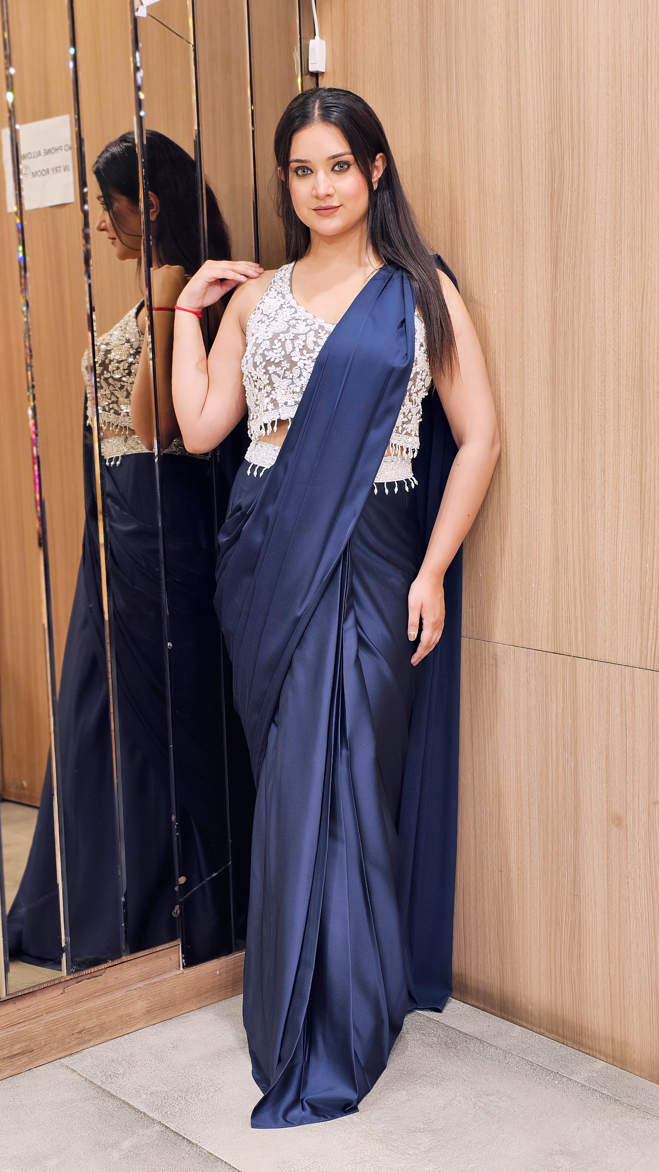 Sophisticated Navy Blue & Gray Draped Saree – Timeless Elegance