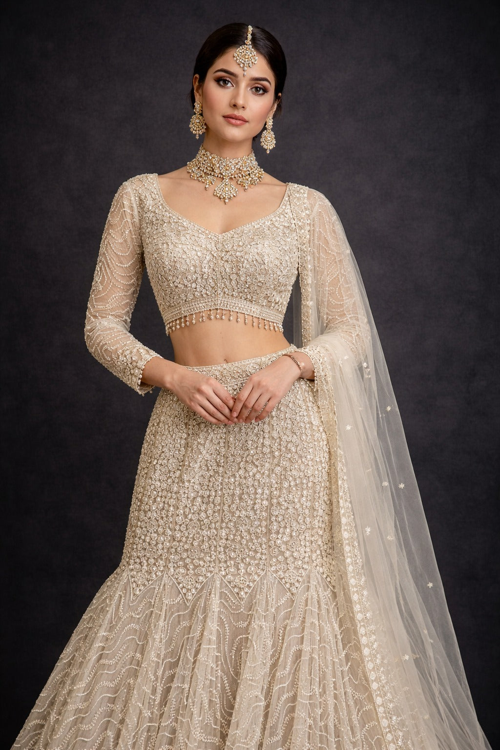 Elegant Off-White Embroidered Fishcut Style – Saluja Store